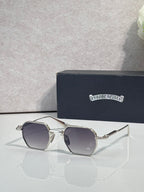 Chrome sunglasses with dark gray square lenses and silver frame, front view