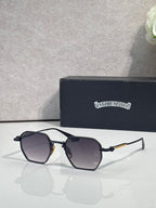 Chrome sunglasses with dark lenses and silver frame, side view