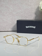 Gold-tone rectangular eyeglasses with clear lenses and slim metal temple arms