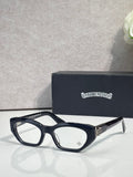 Chrome glasses with dark frame, round-square lenses, and slim temples.