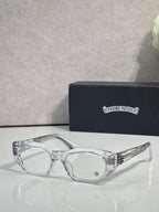Chrome glasses with clear frame, round-square clear lenses, and metal hinges.