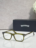 Chrome eyeglasses with olive-green frame and clear lenses, metal temple tips