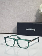 Chrome eyeglasses with green frame and clear lenses, metal temple tips