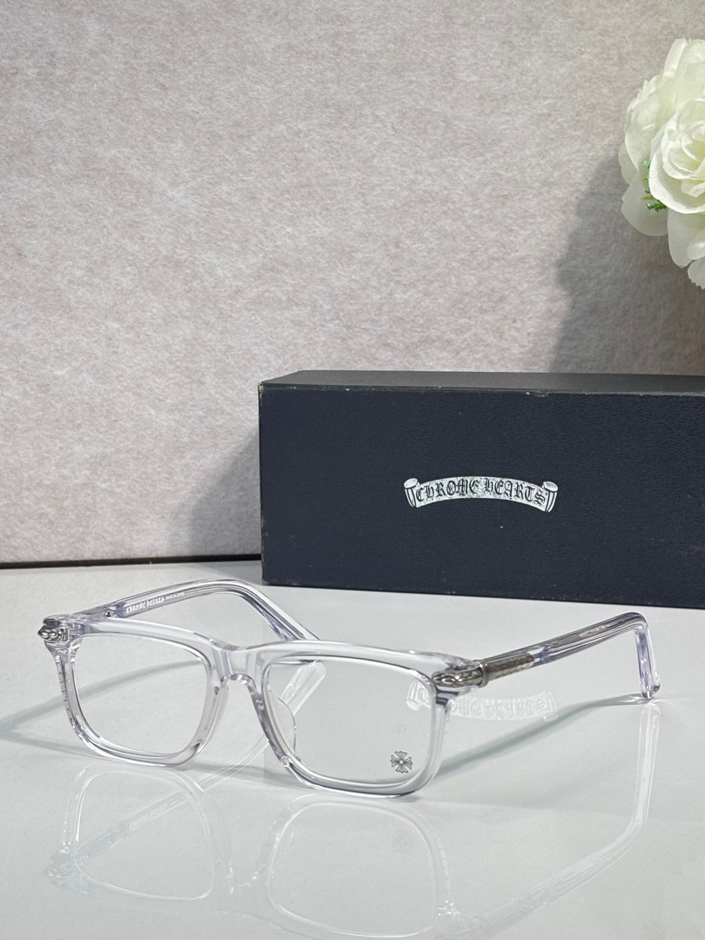 Chrome eyeglasses with clear frame and clear lenses, silver metal temples