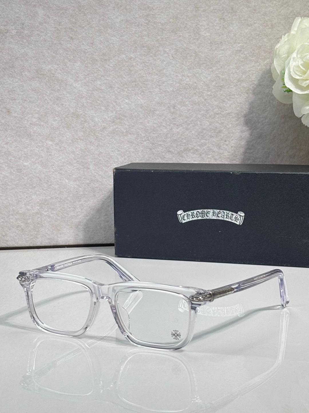 Chrome eyeglasses with clear frame and clear lenses, silver metal temples