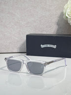 Clear eyeglasses with gray lenses and rectangular frames