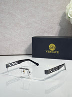 Versace glasses with clear lenses, dark frame, geometric temple pattern