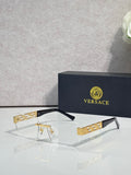 Versace glasses with clear lenses, dark frame, gold Medusa logo temple detail