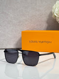 Louis Vuitton sunglasses with dark lenses and black rectangular frame