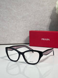 Prada black full-rim eyeglasses with clear lenses and angular acetate frame