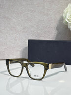 Olive eyeglass frame with clear lenses and DIOR logo on front