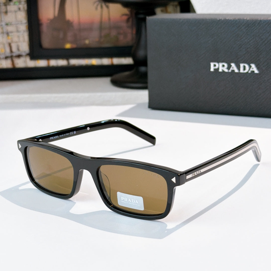 Prada sunglasses with black frame and tan lenses, metal temples with logo accents
