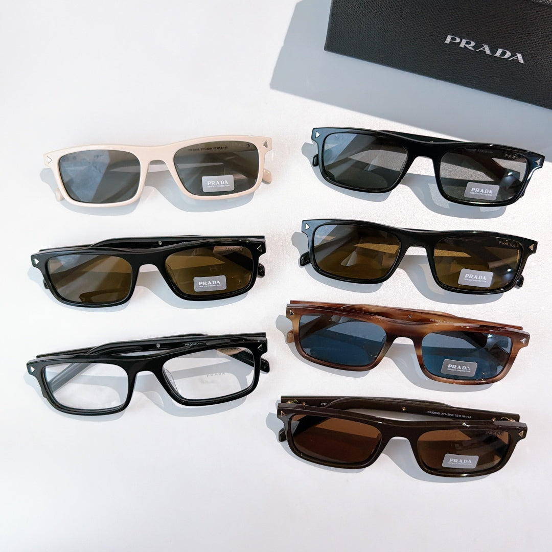Prada eyeglasses and sunglasses assortment: cream, black, and tortoiseshell frames with lenses