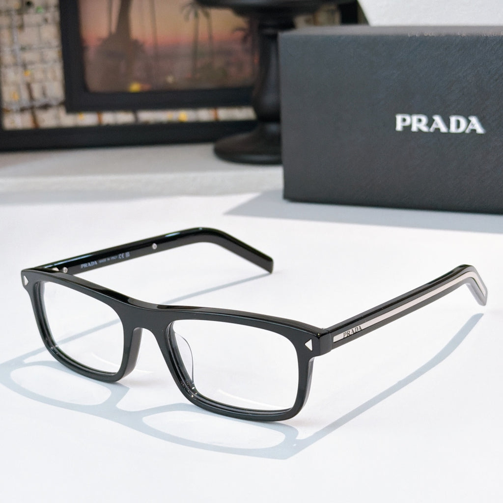 Prada eyeglasses with black rectangular frame and clear lenses, metal temples with logo
