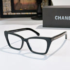 Black square eyeglasses with clear lenses and brand emblem on temple