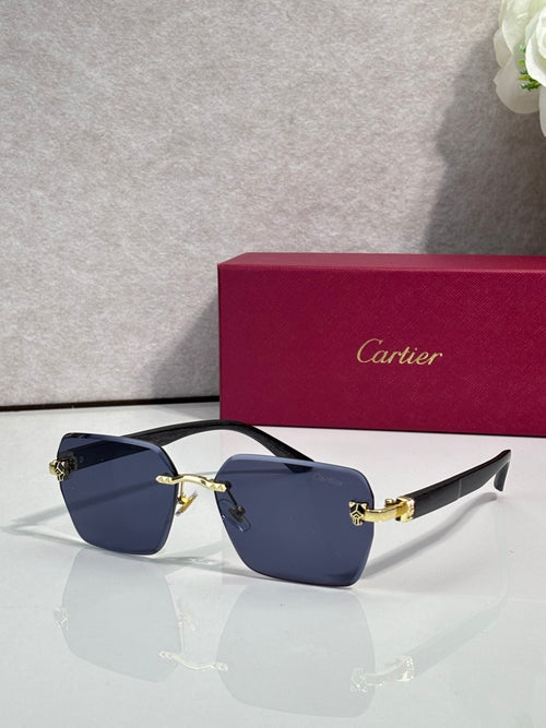 Cartier sunglasses with dark navy lenses, black frame, and gold-tone accents