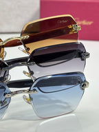 Cartier sunglasses close-up with dark lenses and gold-tone logo hardware