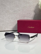 Cartier sunglasses with light blue lenses, black frame, and gold-tone hinges