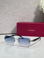 Cartier sunglasses with pale blue lenses and black frame, gold-tone accents