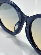 Chanel close-up of dark blue round sunglasses with glossy frame and light lenses