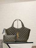 YSL quilted tote bag in dark olive green with YSL logo and top handles