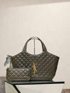 YSL quilted tote bag in dark olive green with YSL logo and top handles