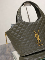 YSL quilted olive green tote bag with YSL logo on the side