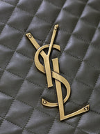 YSL metal logo detail on quilted dark olive green leather