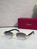 Cartier eyeglasses with black frame and gray-tinted lenses, gold temple accents