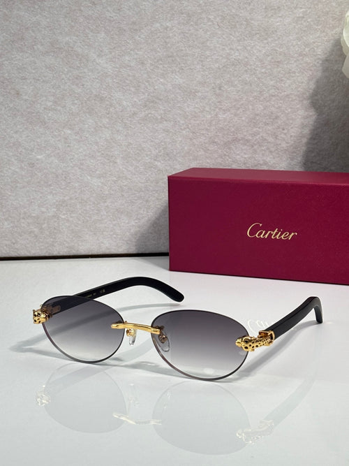 Cartier eyeglasses with black frame and gray-tinted lenses, gold temple accents