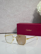 Rectangular sunglasses with gold frame and taupe-brown mirrored lenses