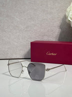 Rectangular sunglasses with silver frame and dark gray mirrored lenses