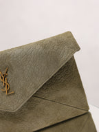 Olive textured leather clutch with YSL monogram on front flap and envelope seams