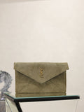 Olive textured leather envelope clutch bag with gold YSL logo on front flap