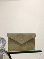 Olive textured leather envelope clutch bag with gold YSL logo on front flap