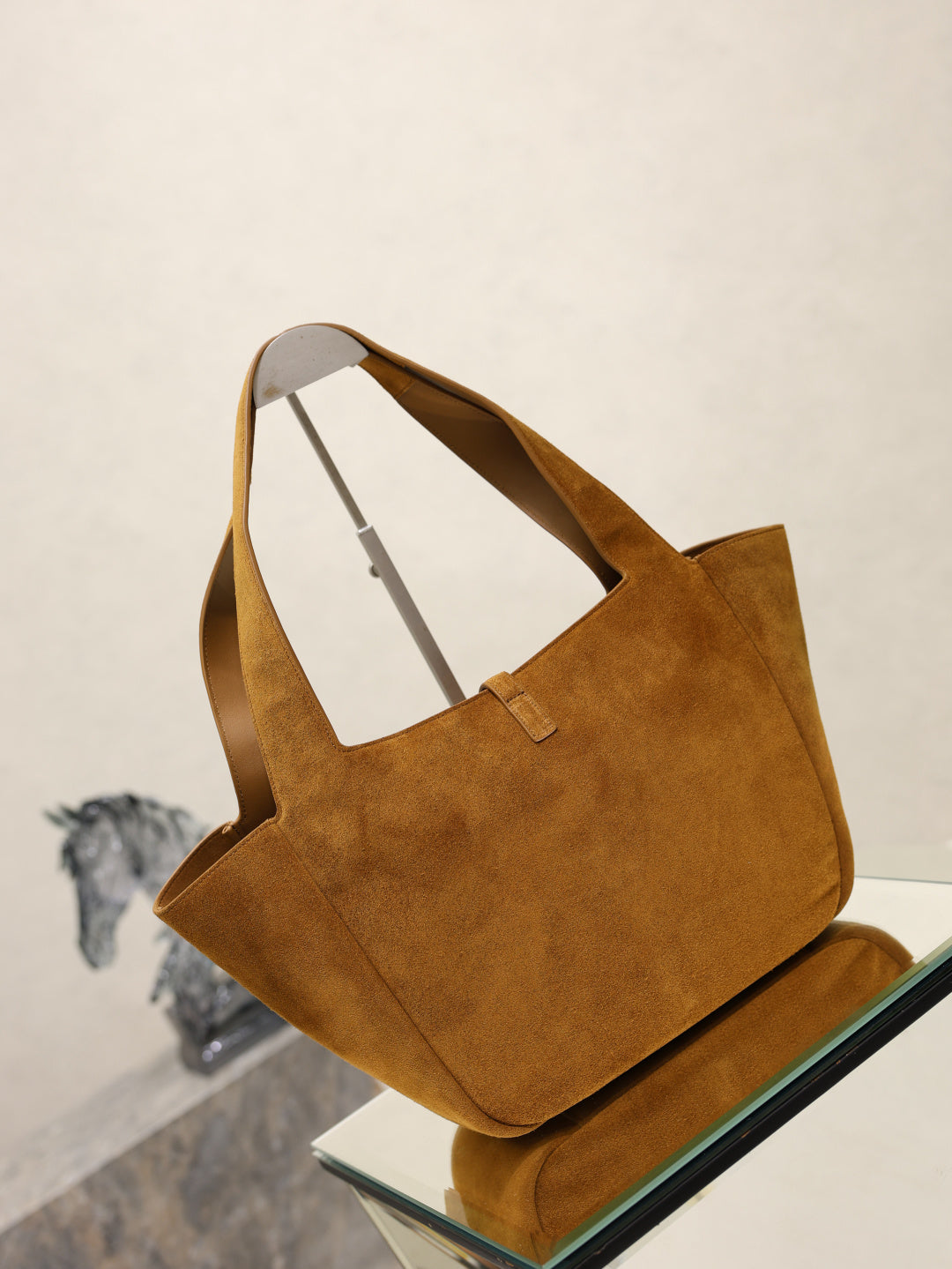 YSL suede tote bag in tan brown with top handles and YSL monogram front