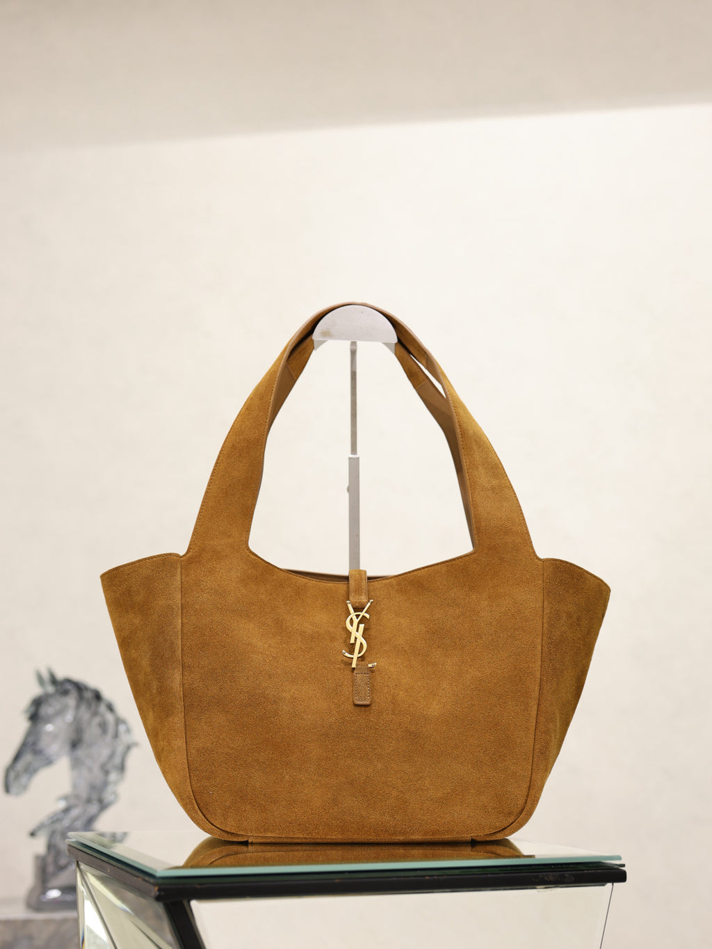 YSL suede tote bag in tan brown with front YSL monogram and top handles