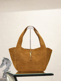 YSL suede tote bag in tan brown with front YSL monogram and top handles