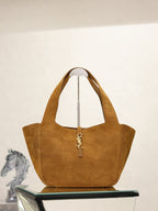 YSL suede tote bag in tan brown with front YSL monogram and top handles