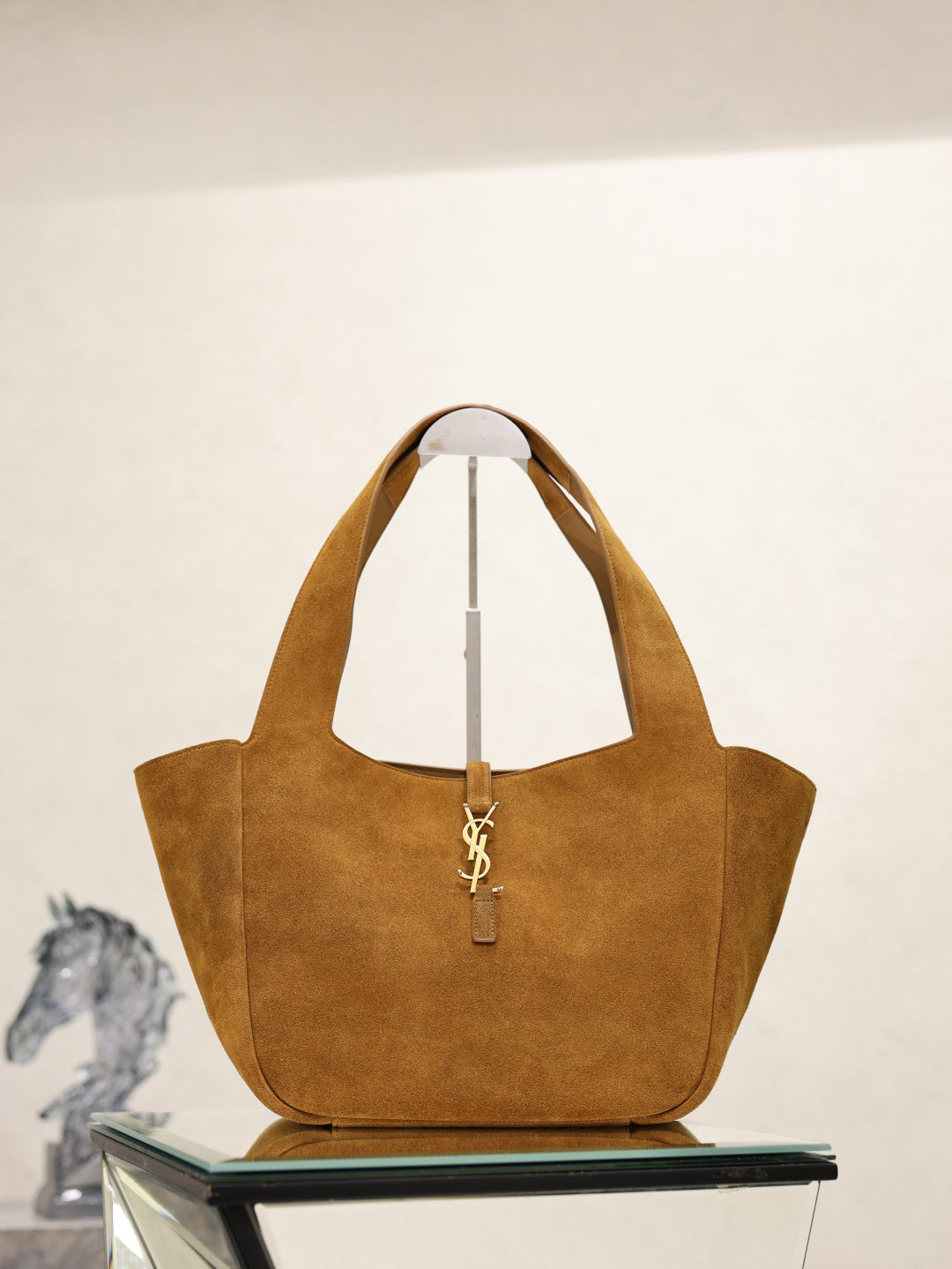 YSL suede tote bag in tan brown with front YSL monogram and top handles