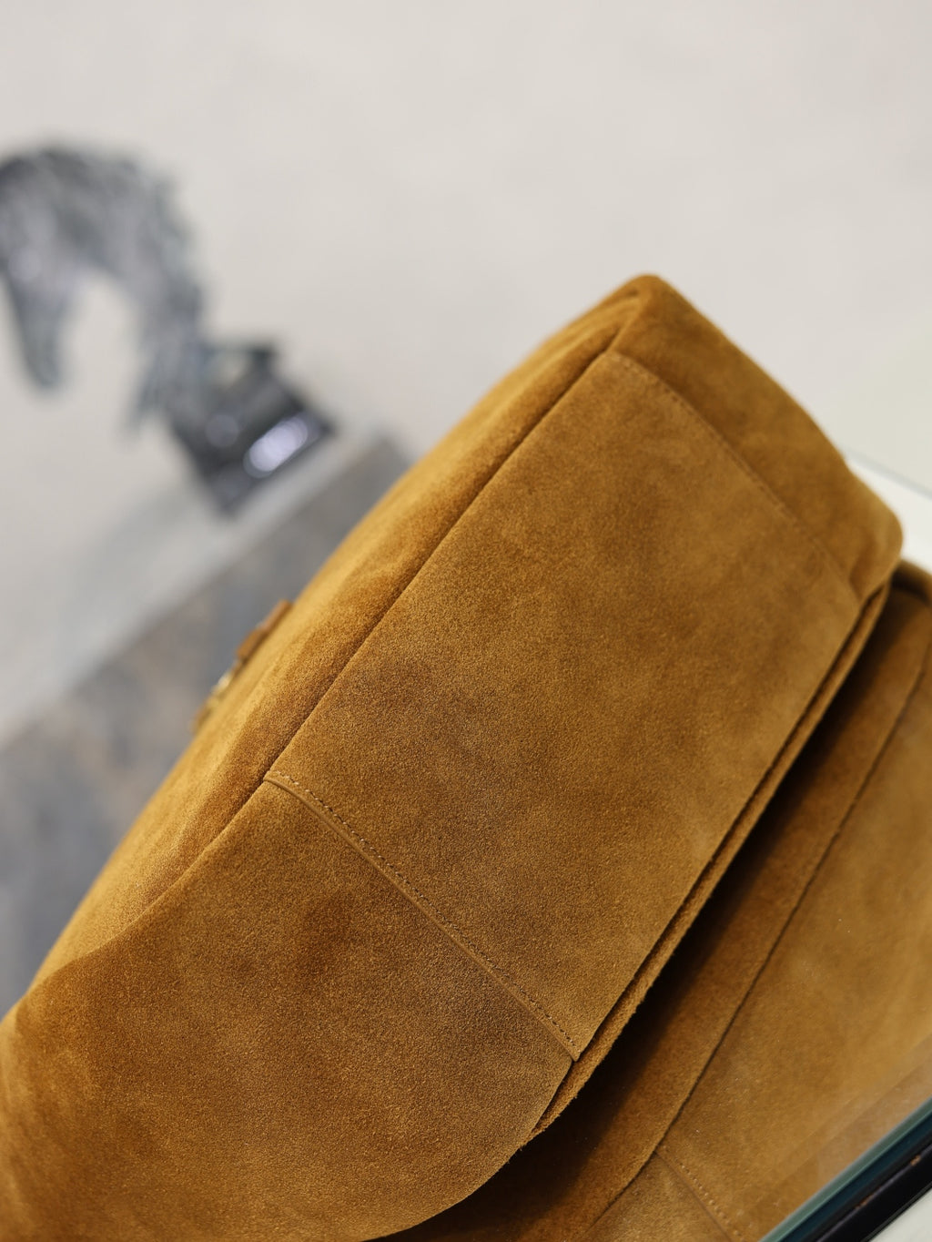 YSL suede tote bag in tan brown with structured side panel seams