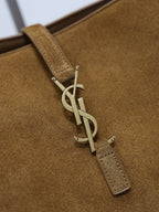 YSL suede tote bag in tan brown with YSL logo metal charm and strap loops