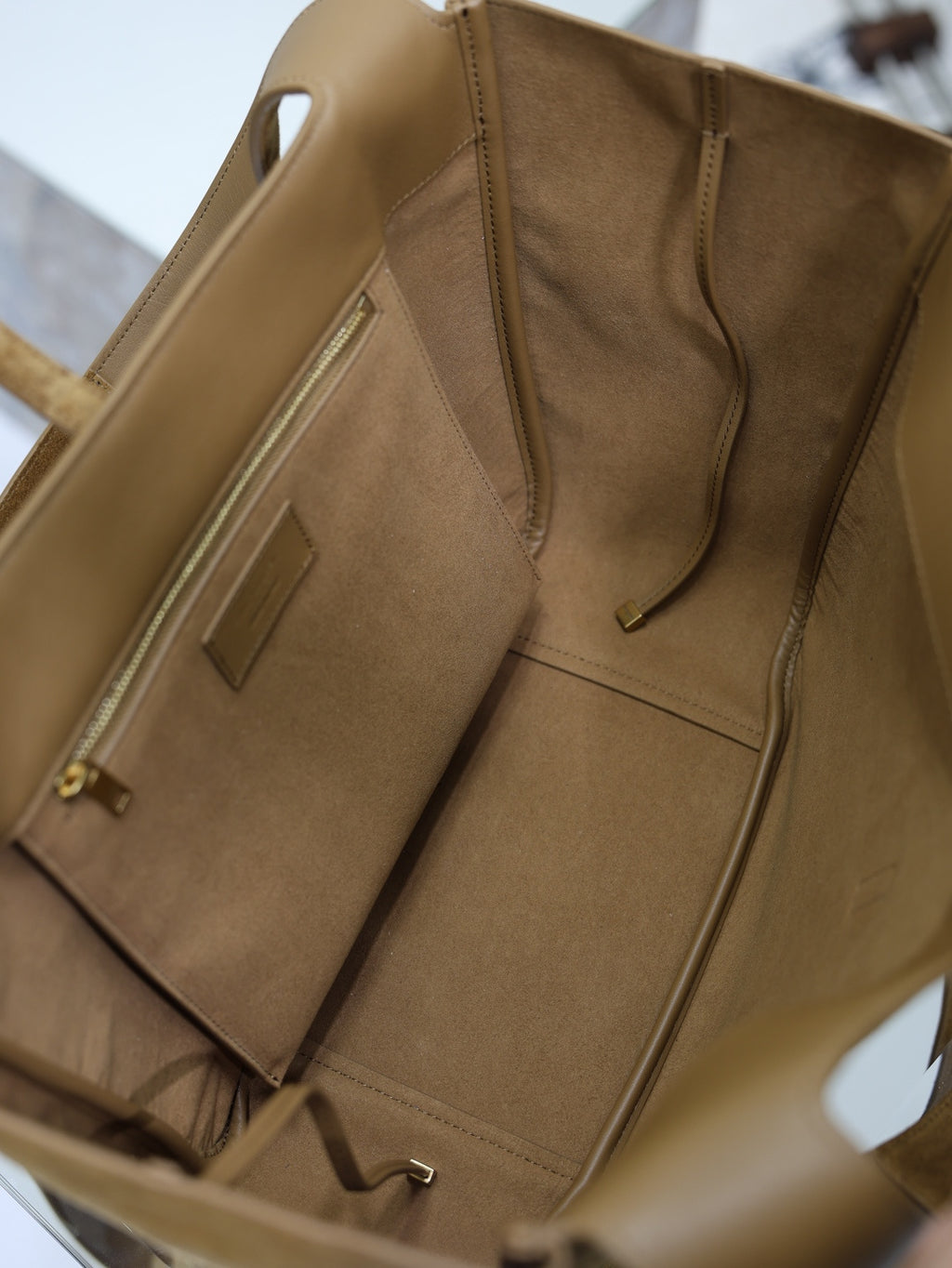 YSL suede tote bag interior with zip pocket and slip pockets