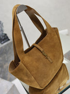 YSL suede tote bag in tan brown with open top, lining, and interior zip pocket