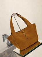 YSL suede tote bag in tan brown with YSL monogram pull and curved handles