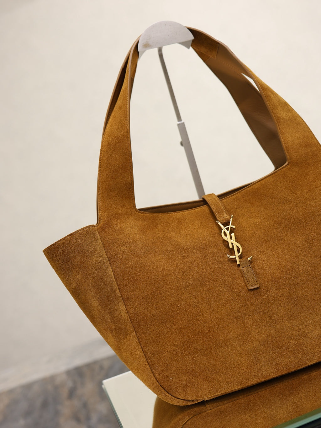 YSL suede tote bag in tan brown with central YSL monogram on the front