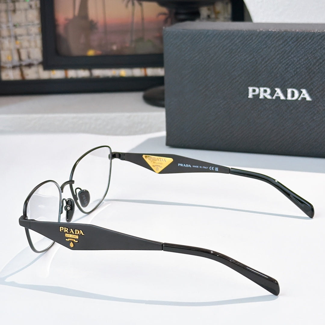 Prada eyeglasses with matte black metal frame and gold logo temples