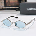 Chrome sunglasses with light blue lenses, slim metal frame, and curved temples.