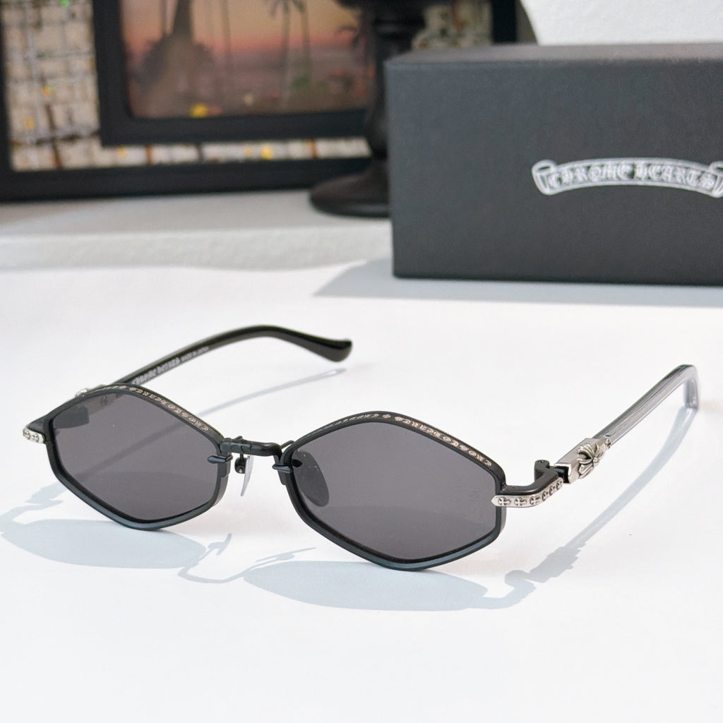 Chrome sunglasses with dark gray lenses, black metal frame, and curved temples.