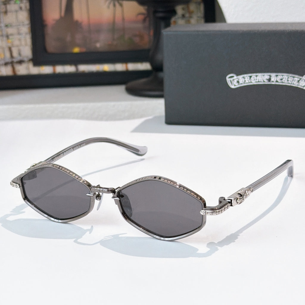 Chrome sunglasses with dark gray lenses, silver-tone metal frame, and curved temples.